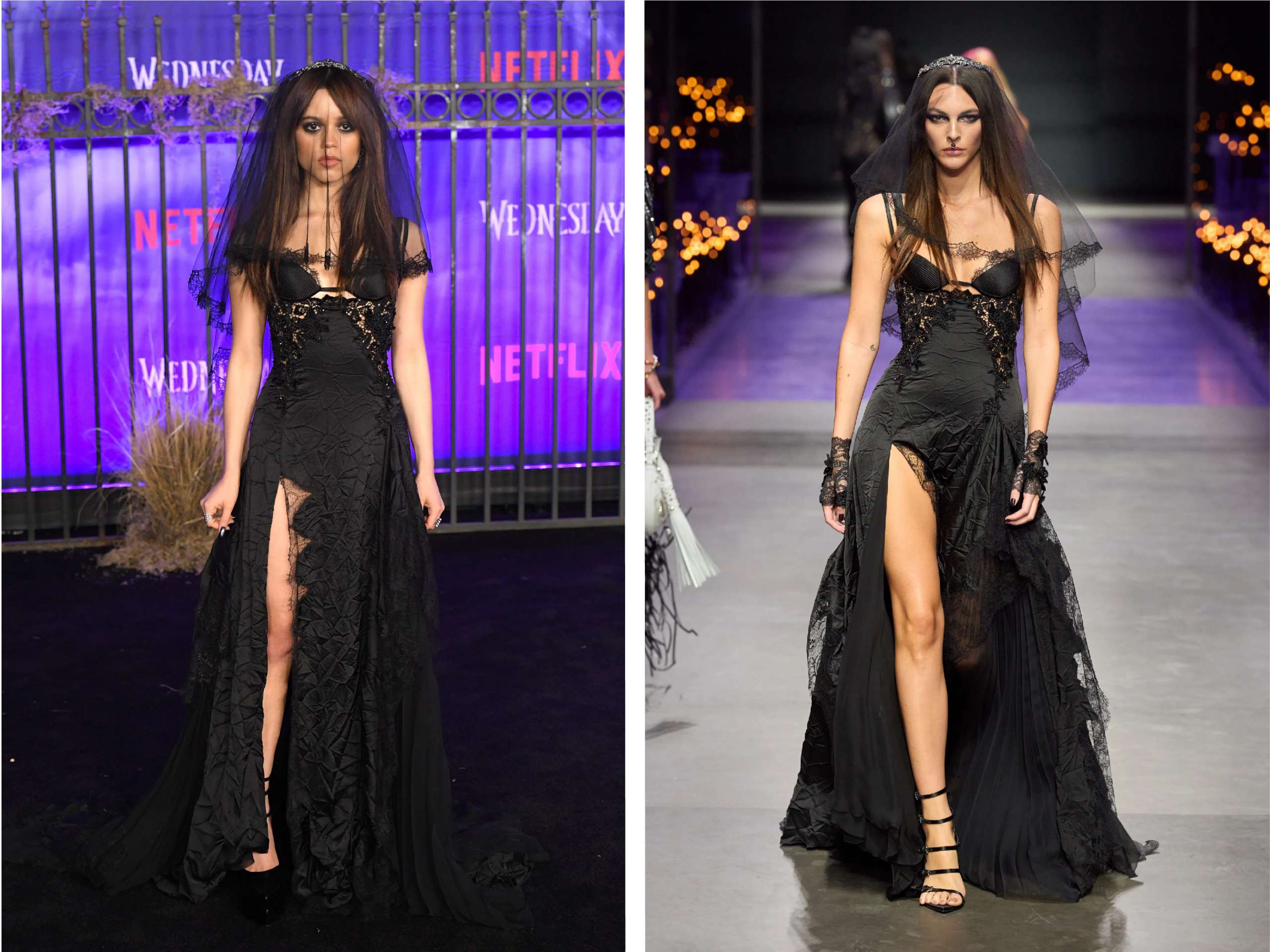 ( Jenna Ortega 出席 Netflix《 Wednesday 》全球首映會時,以一襲黑色蕾絲 VERSACE SS23 洋裝亮相。)