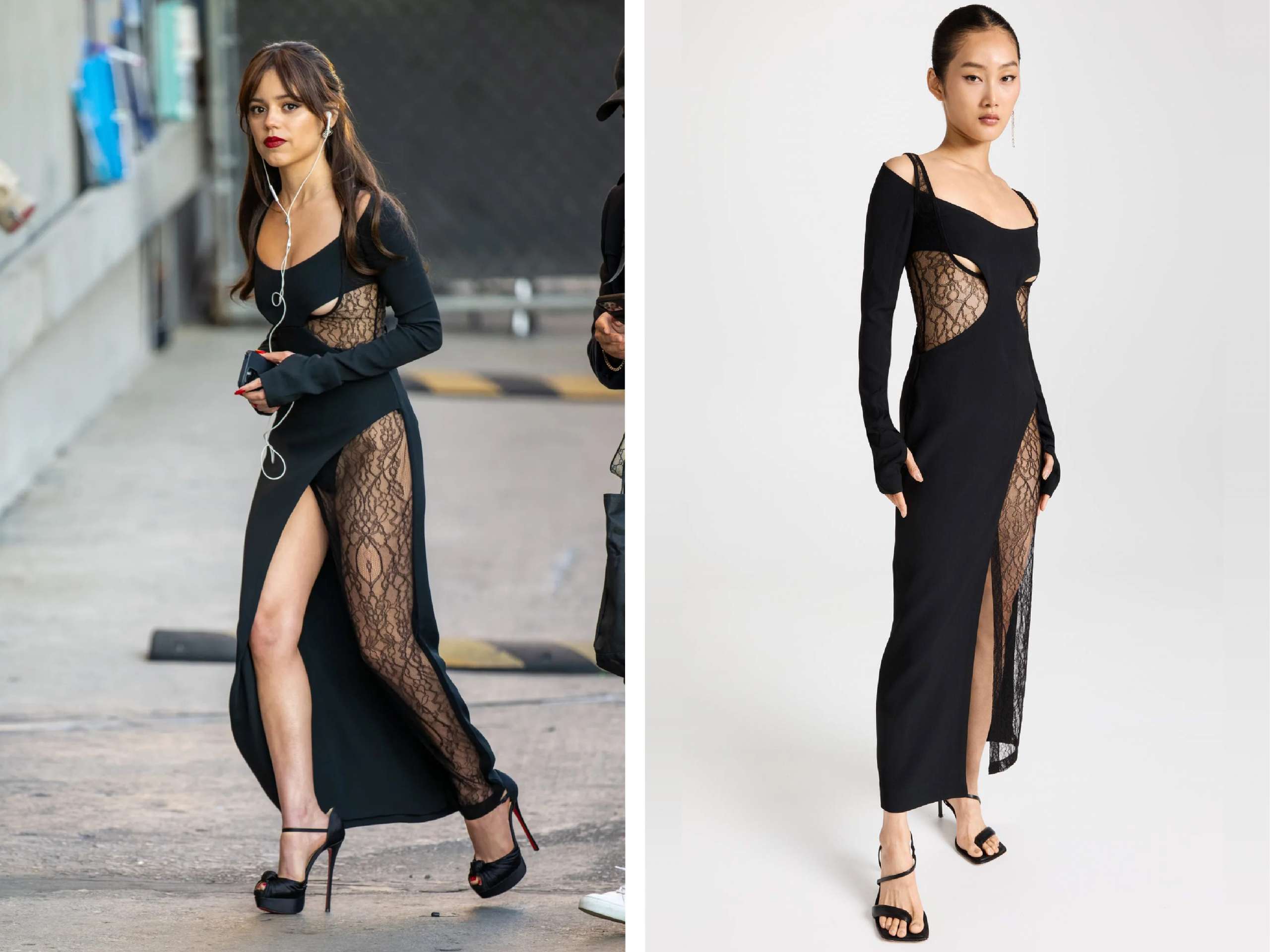 ( Jenna 上節目時著用 Dion Lee 的蕾絲特殊剪裁的黑色緊身連身裙。)
