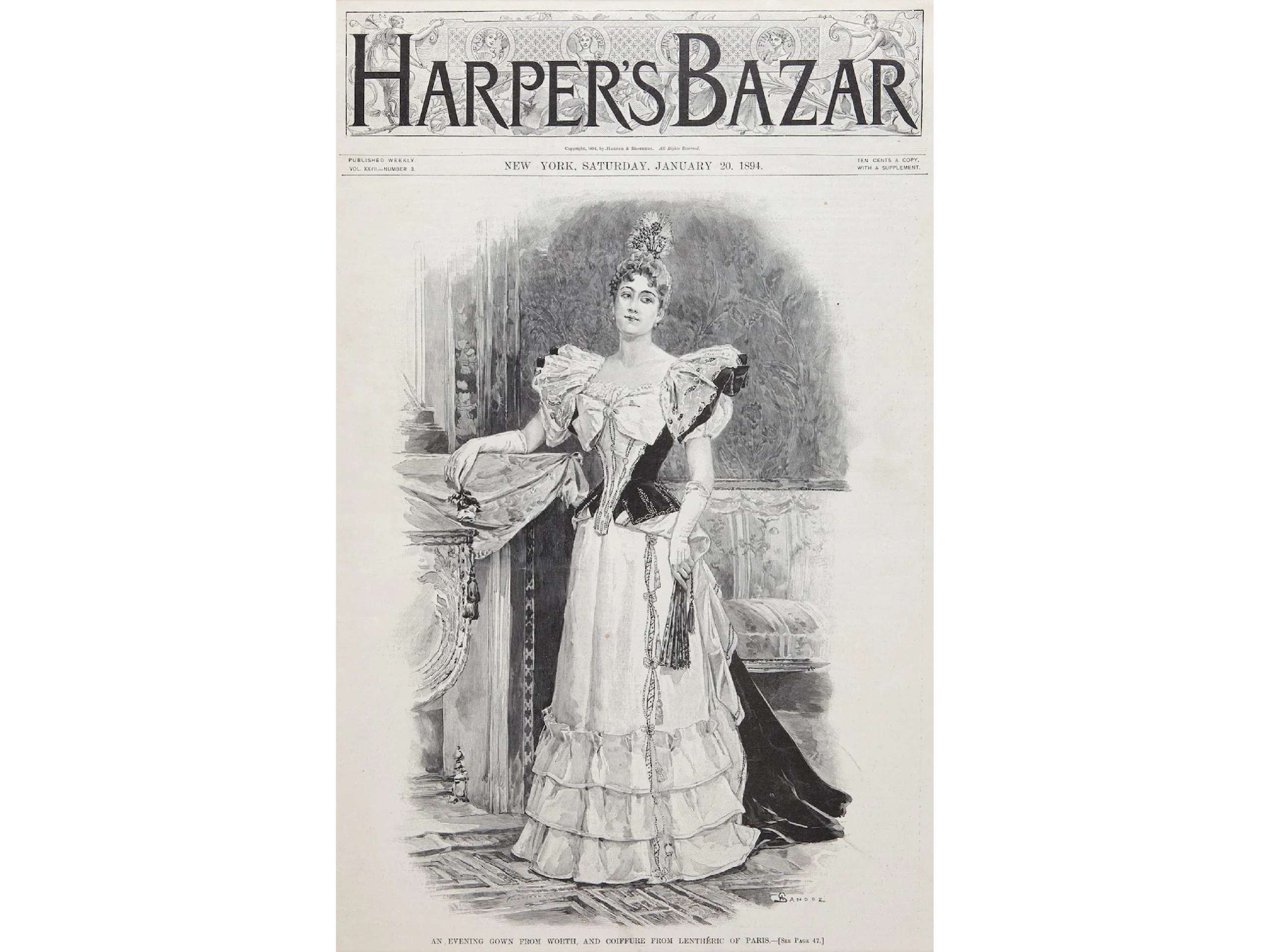 （ Charles Frederick Worth 晚禮服插圖於雜誌， 1894 年 1 月 20 日。）