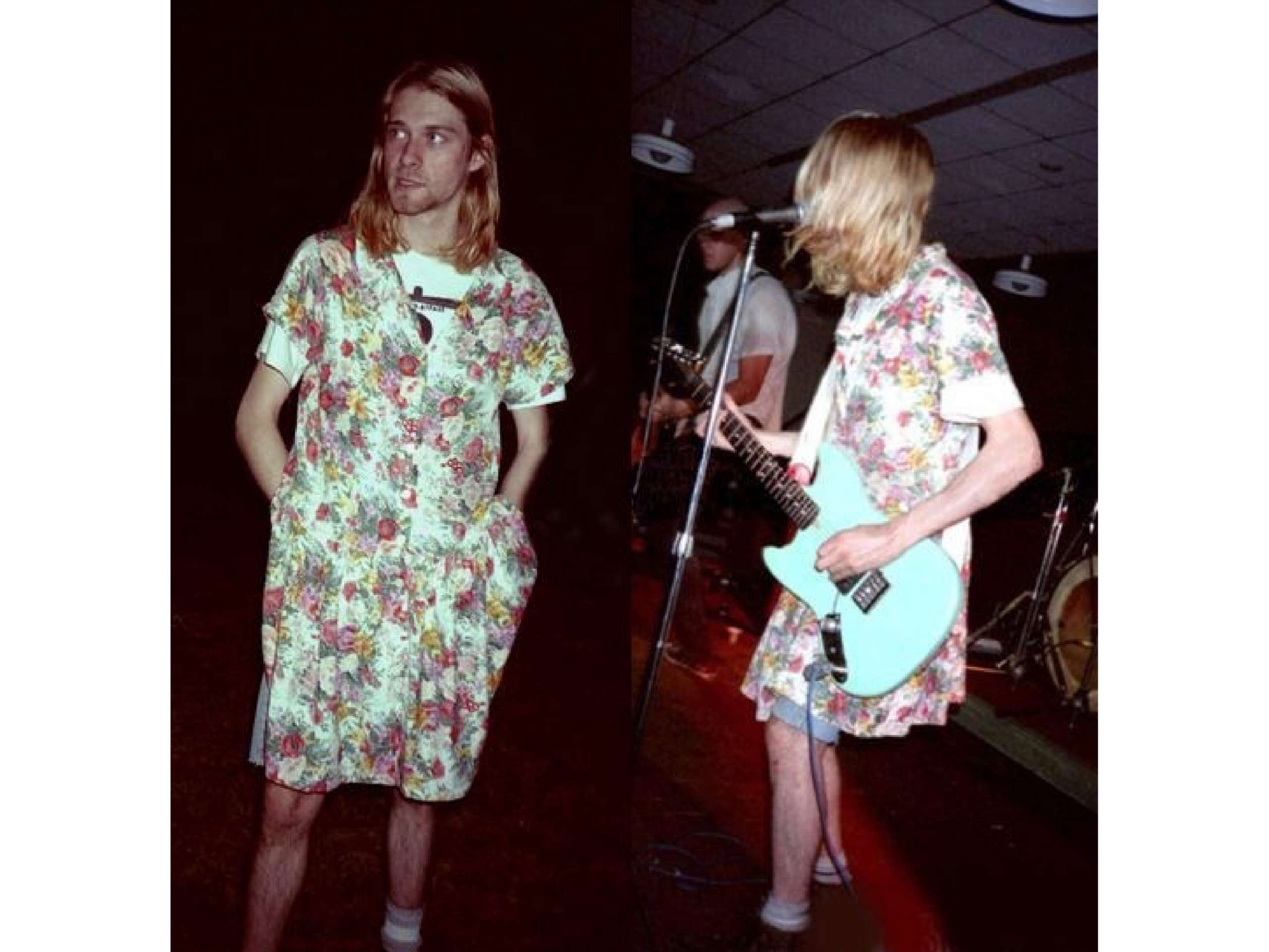 穿著碎花連身裙演出的 Kurt Cobain（圖片來源：AnOther Magazine）