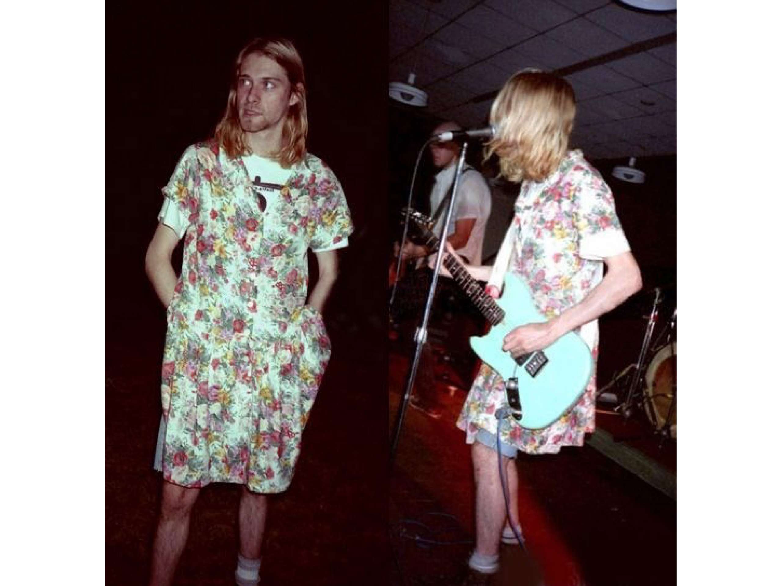 穿著碎花連身裙演出的 Kurt Cobain(圖片來源:AnOther Magazine)
