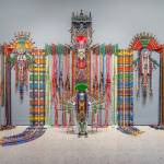 Anne Samat, “Never Walk In Anyone's Shadow”, 2023. Rattan sticks, kitchen and garden utensils, beads, ceramic, metal and plastic ornaments, 365.75 x 731.5 x 25.5 cm. Photo by Brian Holcombe. Courtesy of the Artist and MARC STRAUS.