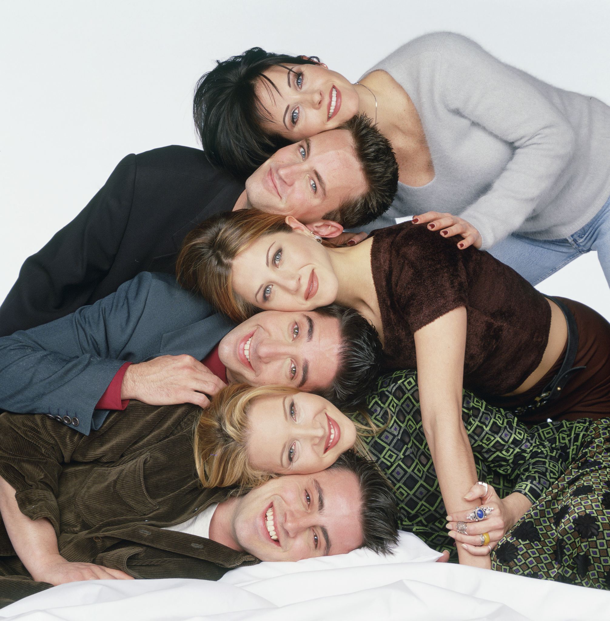 FRIENDS -- Pictured: (top to bottom) Courteney Cox Arquette as Monica Geller, Matthew Perry as Chandler Bing, Jennifer Aniston as Rachel Green, David Schwimmer as Ross Geller, Lisa Kudrow as Phoebe Buffay, Matt LeBlanc as Joey Tribbiani (Photo by NBC/NBCU Photo Bank via Getty Images)