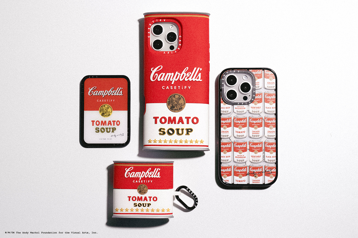 將 CASETiFY 標誌巧妙融入設計，推出 Andy Warhol 經典金寶湯罐頭系列電子配件