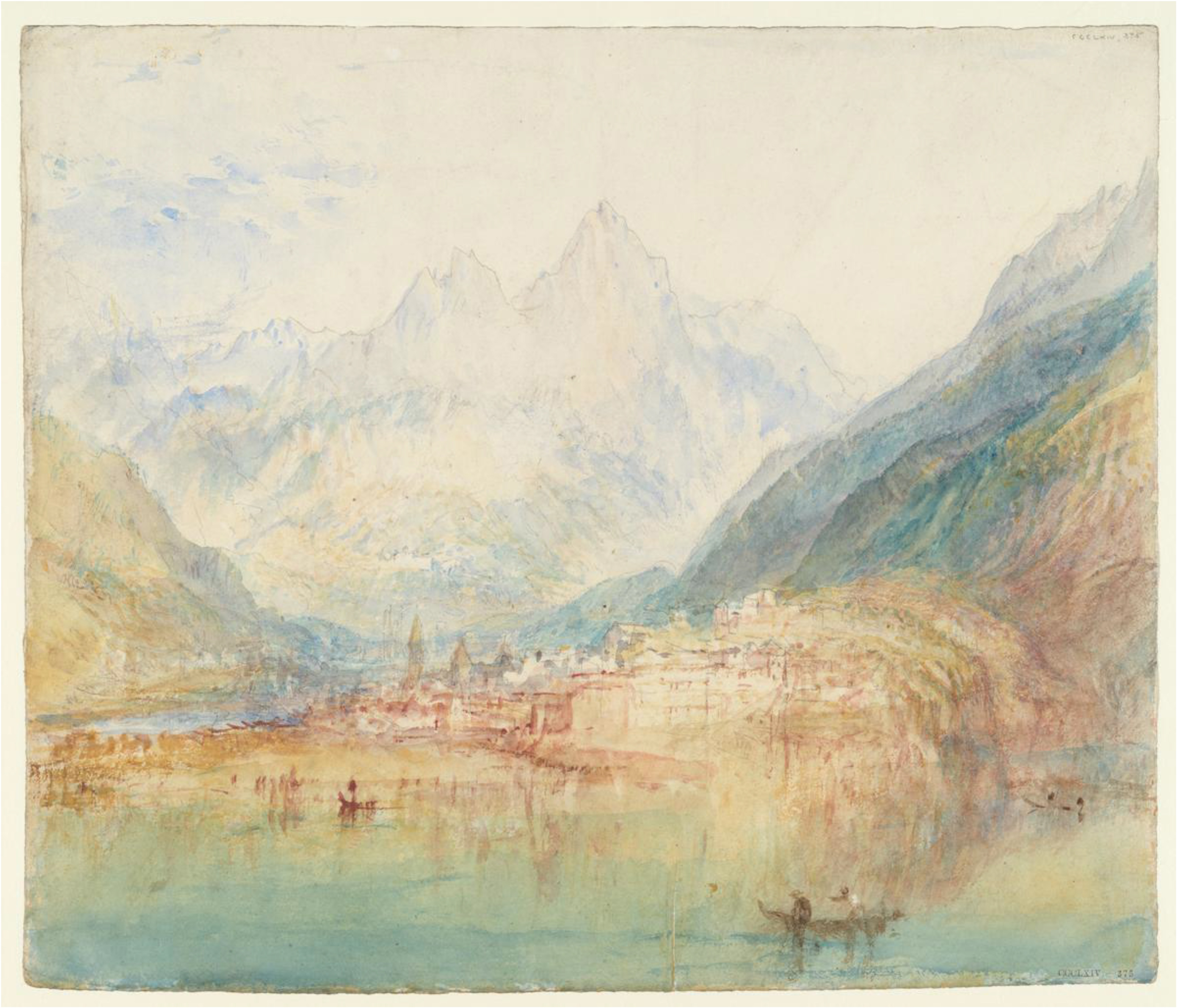 布魯嫩，從琉森湖的視角：樣本研究畫（Brunnen, from the Lake of Lucerne Sample Study）約瑟夫•馬洛德•威廉•透納（Joseph Mallord William Turner），1843-5。(圖片來源：TATE)