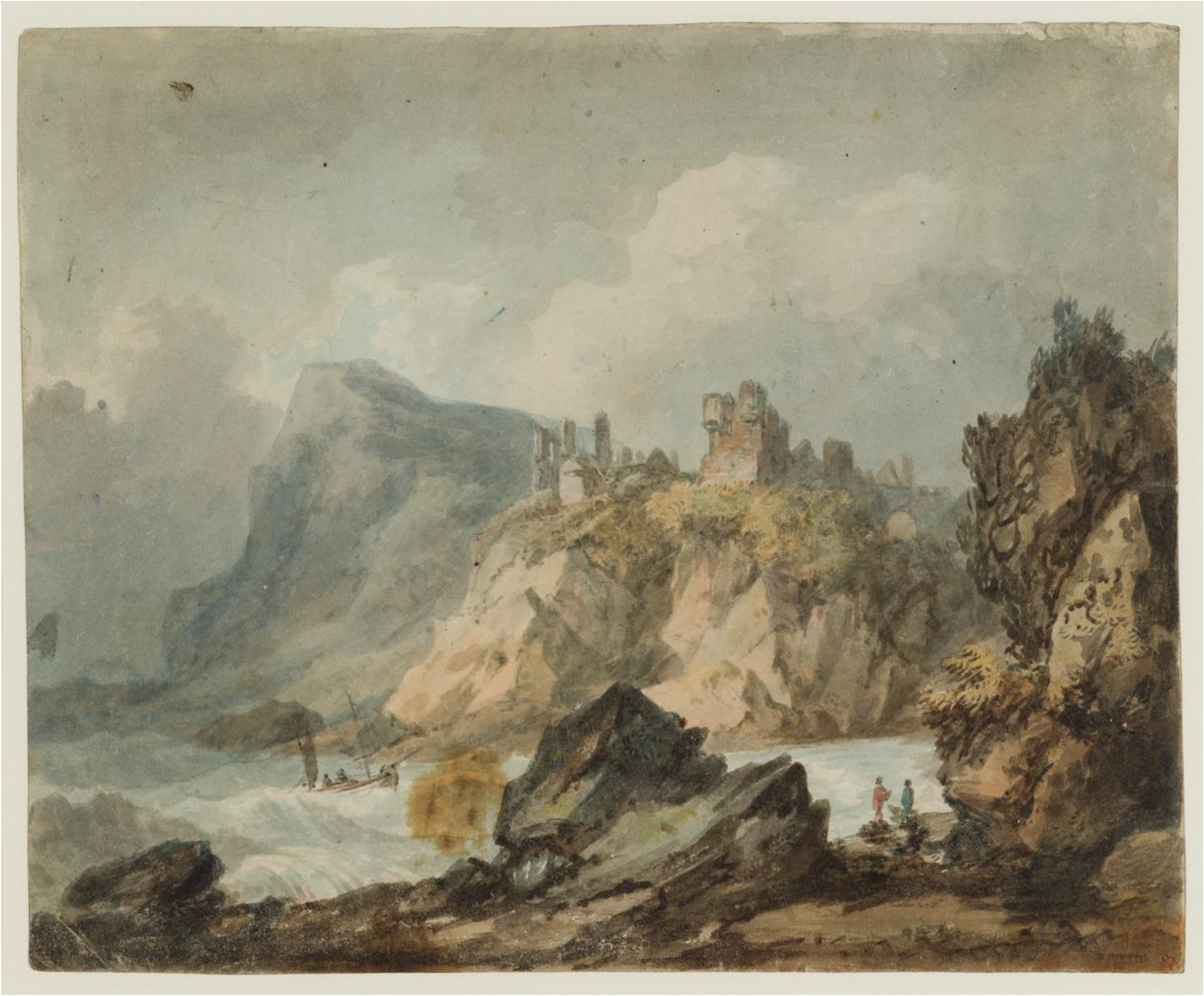 懸崖上的城堡廢墟風景畫（Landscape Composition with a Ruined Castle on a Cliff）約瑟夫•馬洛德•威廉•透納（Joseph Mallord William Turner），1792–3。(圖片來源：TATE)