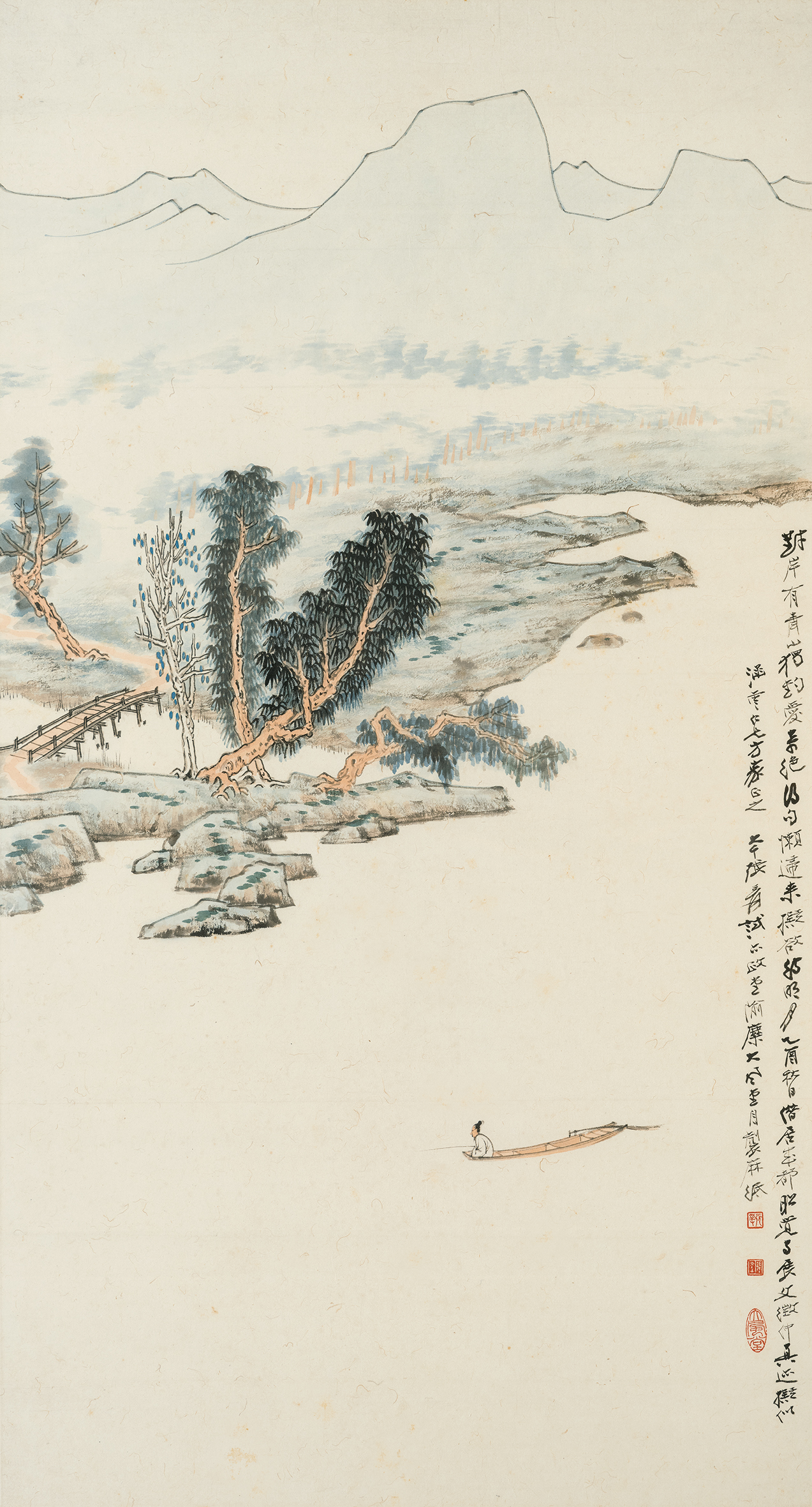 張大千《泛舟圖》1945 水墨 設色 紙本 鏡框 98 x 52.8 cm