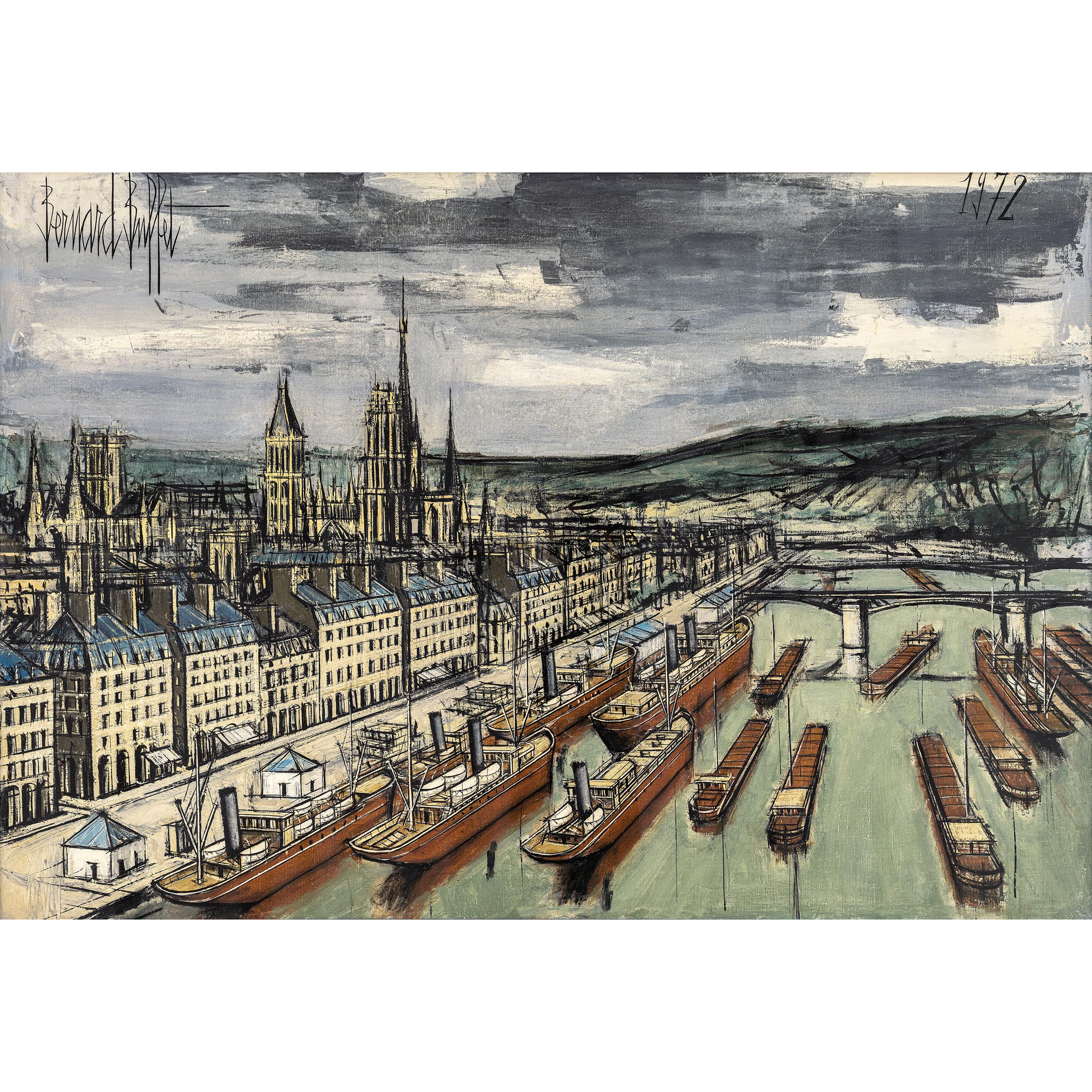 貝爾納・畢費(Bernard Buffet)1972 年「船隻系列」代表作《盧昂港埠與駁船》