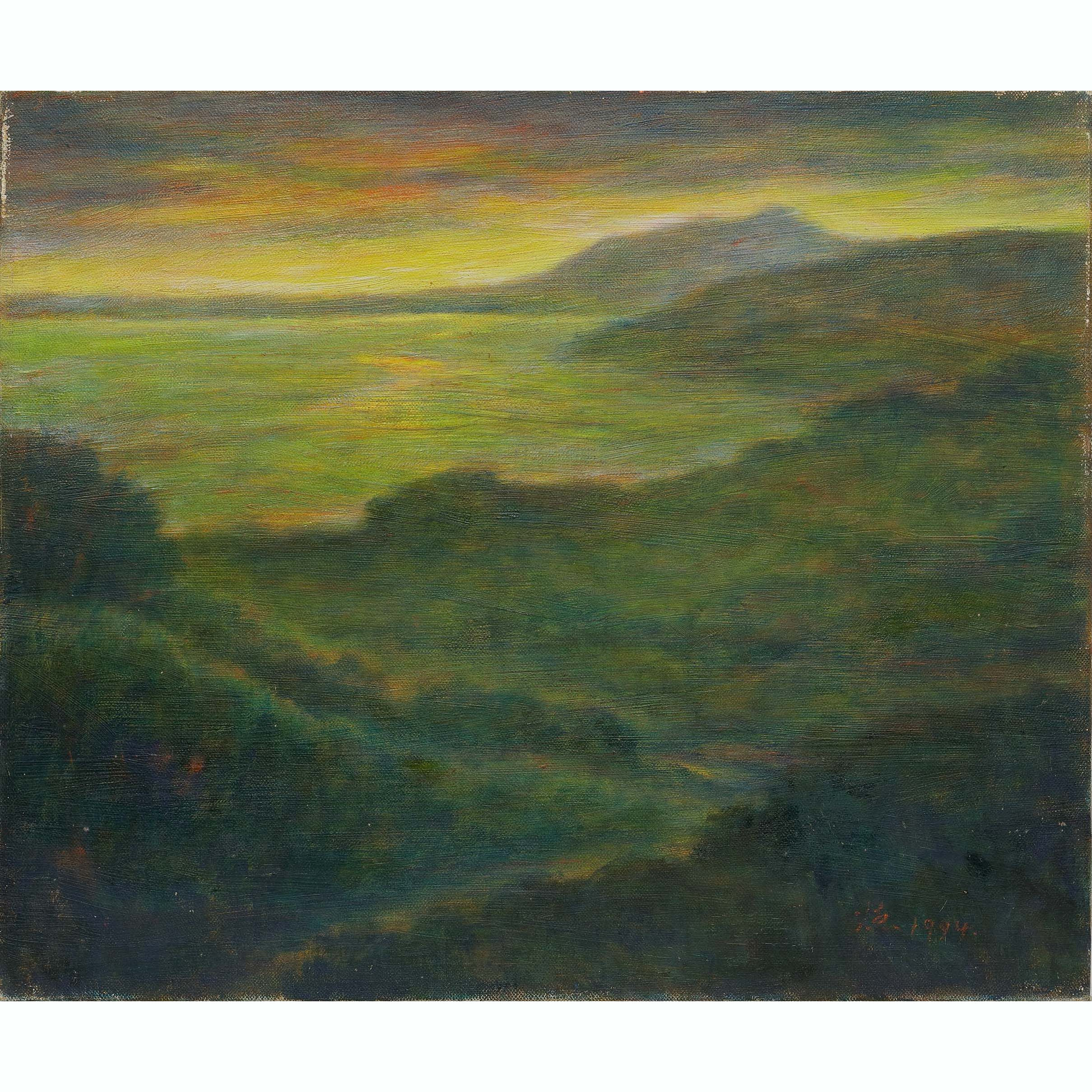 廖德政《殘照(觀音暮色)》，1992，油畫，44.3x 36.8.3 cm。圖片來源：臺中市立美術館提供。