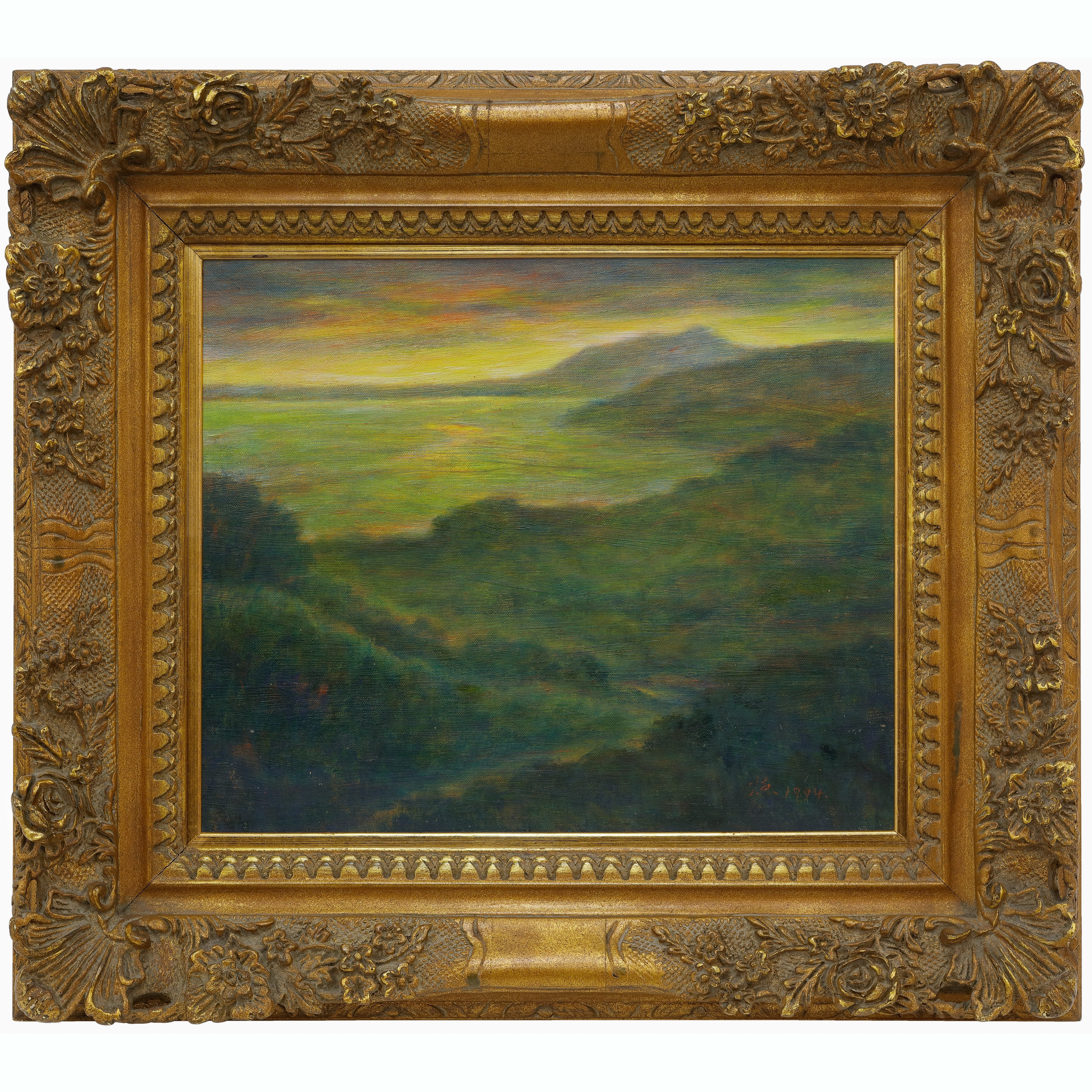 廖德政（1920- 2015），〈殘照(觀音暮色)〉，1992，油畫，畫心38 × 45.7 × 2.2 公分，含框 61.2 × 68.8 × 10.2 公分，臺中市立美術館藏。