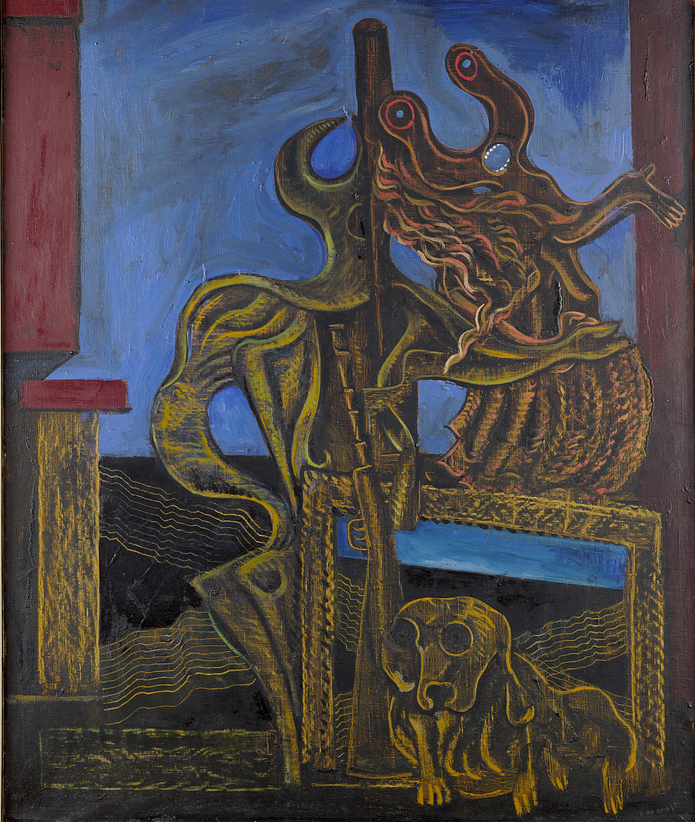 馬克斯.恩斯特,《獵人》,1926,油彩、畫布,100 × 81 公分。© VG Bild-Kunst, Bonn 2025,圖像由布魯塞爾伊克塞爾美術館(Musée d’Ixelles)典藏提供。