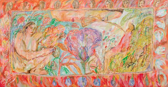 JULI BAKER AND SUMMER Free the butterfly pea, 2024 Acrylics on canvas -Single painting 230 x 220 cm -Total dimensions of two paintings 460 x 220 cm